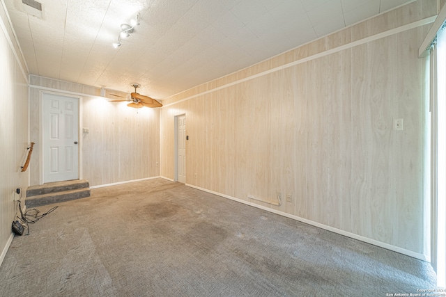 basement with track lighting and carpet flooring