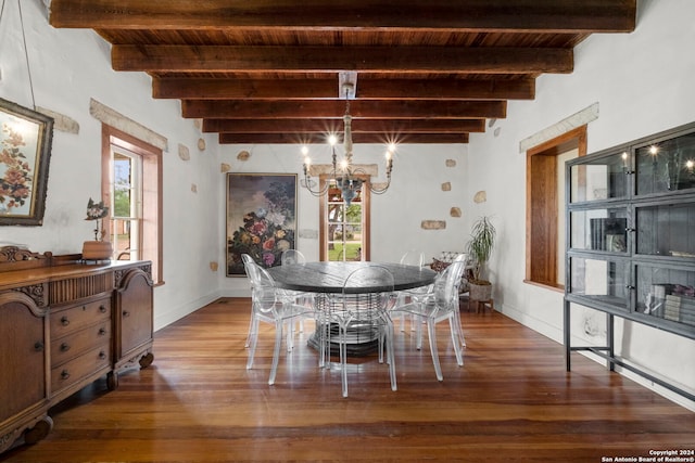 dining area with wooden ceiling, beam ceiling, and a healthy amount of sunlight