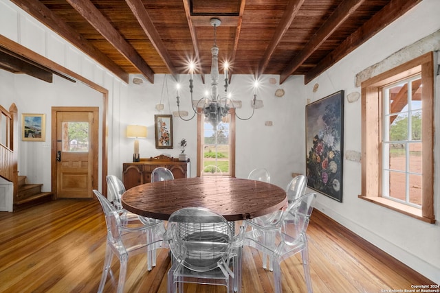 dining space with wood ceiling, beamed ceiling, light hardwood / wood-style floors, and a notable chandelier