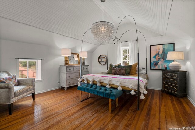 bedroom featuring wood ceiling, lofted ceiling, hardwood / wood-style flooring, and multiple windows