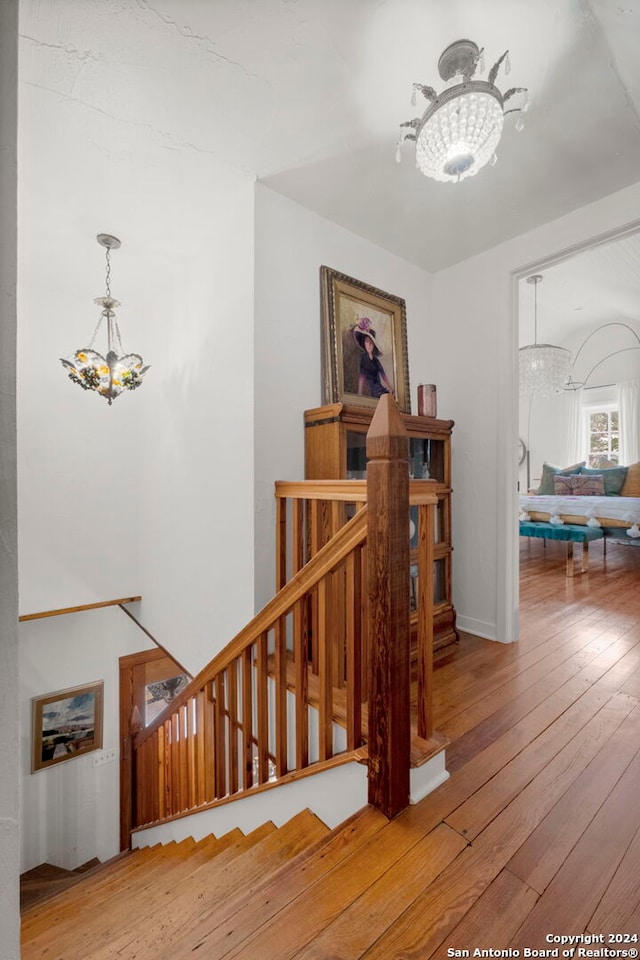 staircase featuring hardwood / wood-style flooring and an inviting chandelier