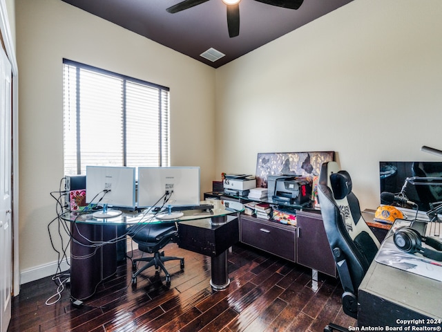 office space with ceiling fan and wood-type flooring