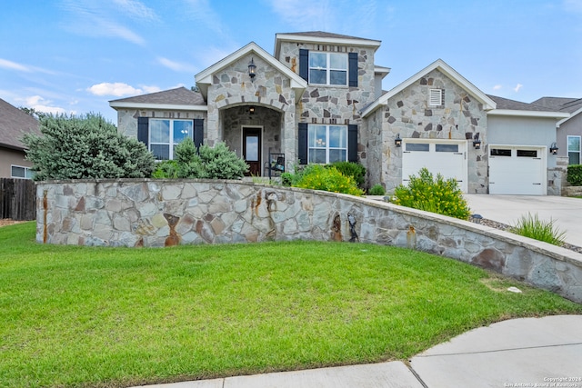 view of front of property featuring a garage and a front lawn