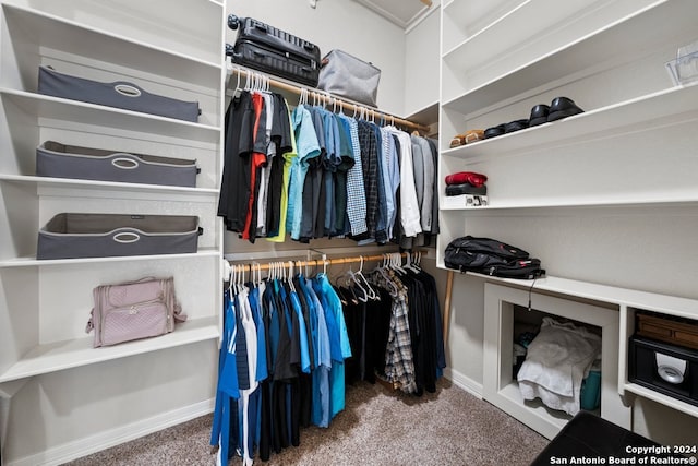 walk in closet featuring dark carpet