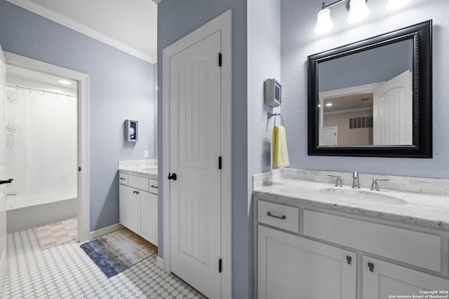 bathroom with tile patterned flooring, shower / bath combination with curtain, vanity, and ornamental molding