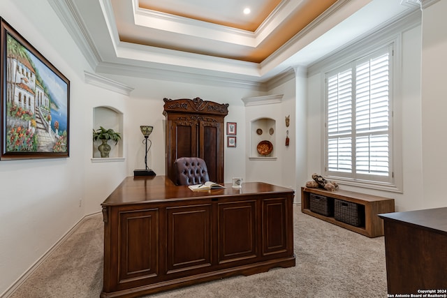 office with ornamental molding, light colored carpet, and a tray ceiling