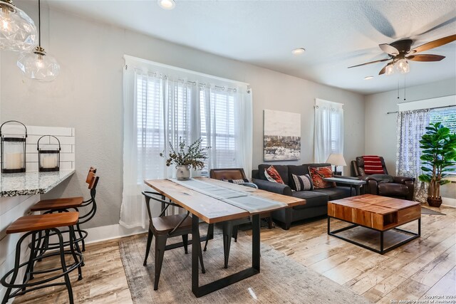 living room featuring light wood-type flooring and ceiling fan