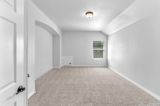 interior space with lofted ceiling, carpet floors, and a textured ceiling