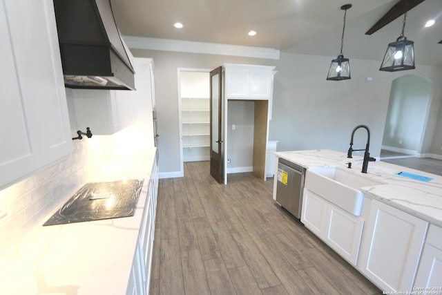 kitchen featuring white cabinetry, dishwasher, and light stone counters