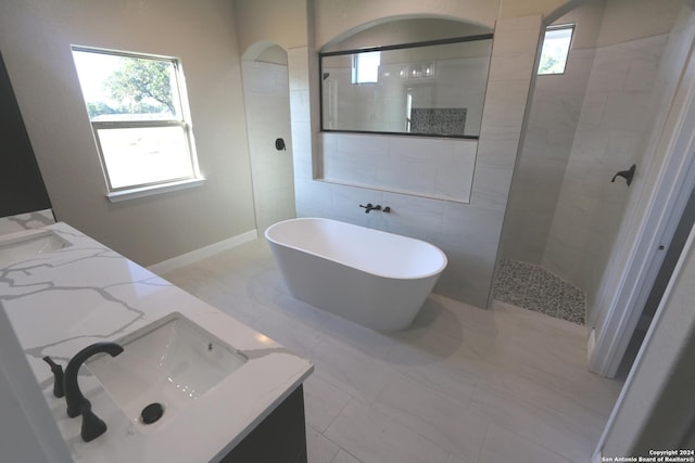 bathroom featuring vanity, a healthy amount of sunlight, and separate shower and tub