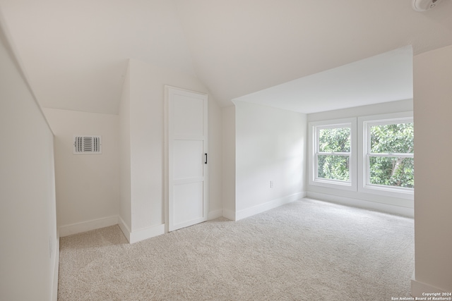 additional living space with lofted ceiling and light carpet