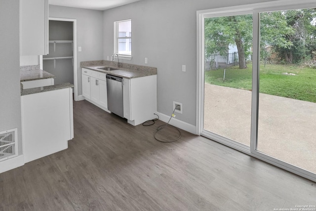 kitchen with white cabinetry, sink, dark hardwood / wood-style flooring, and stainless steel dishwasher