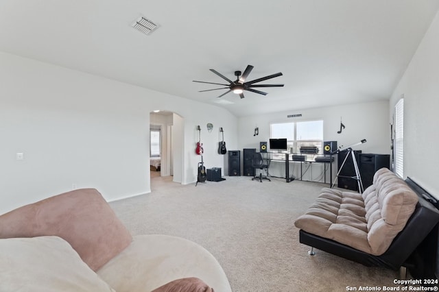 living room with light carpet and ceiling fan