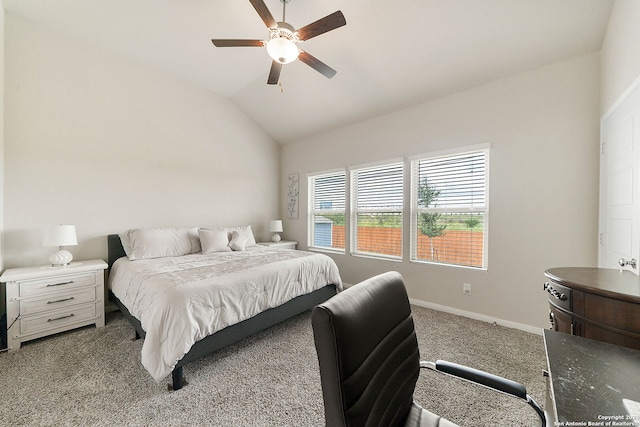 bedroom featuring light colored carpet, ceiling fan, and vaulted ceiling