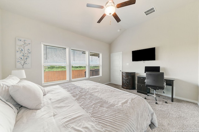 bedroom featuring vaulted ceiling, ceiling fan, and carpet flooring