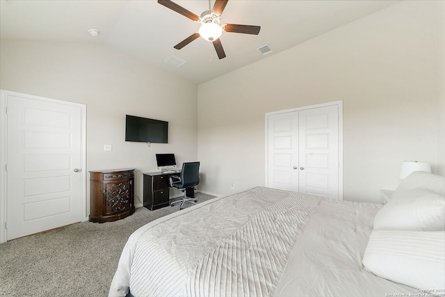 carpeted bedroom with vaulted ceiling and ceiling fan