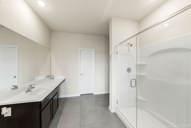 bathroom featuring walk in shower, tile patterned floors, and vanity