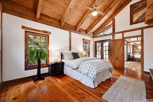 bedroom with hardwood / wood-style flooring, wood ceiling, and ceiling fan