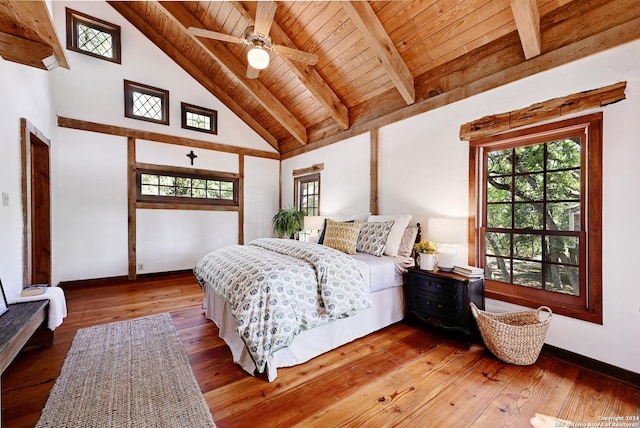 bedroom with hardwood / wood-style floors, high vaulted ceiling, beamed ceiling, ceiling fan, and wooden ceiling