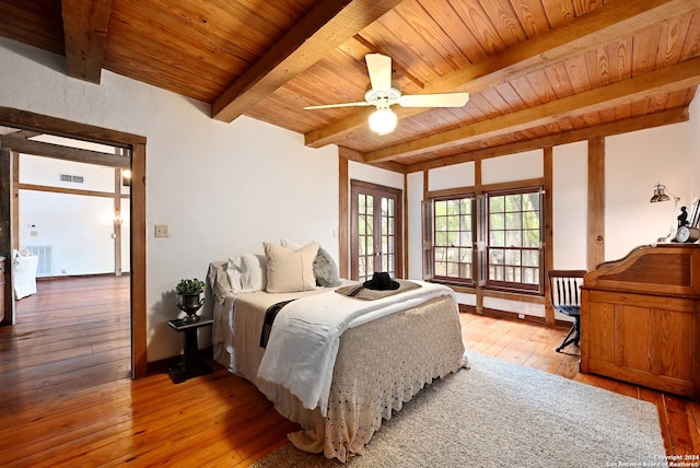 bedroom with beamed ceiling, wooden ceiling, ceiling fan, and light hardwood / wood-style flooring