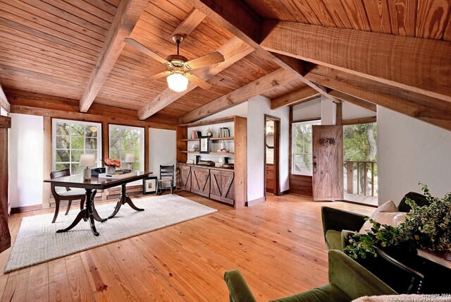 interior space featuring wooden ceiling, light wood-type flooring, and vaulted ceiling with beams