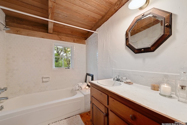 bathroom featuring backsplash, vanity, shower / bath combination, and wooden ceiling