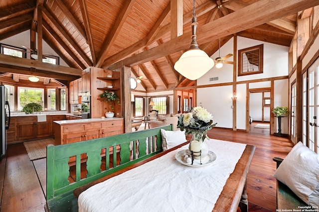 dining space with wood ceiling, high vaulted ceiling, dark hardwood / wood-style flooring, beamed ceiling, and ceiling fan