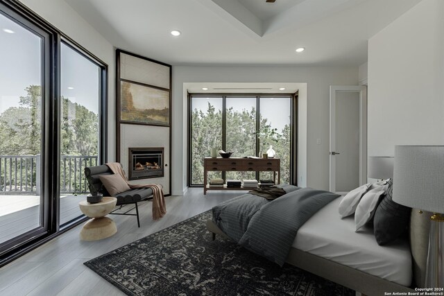 bedroom featuring access to exterior, multiple windows, and hardwood / wood-style floors