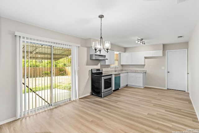 kitchen featuring pendant lighting, sink, white cabinetry, stainless steel appliances, and light hardwood / wood-style floors