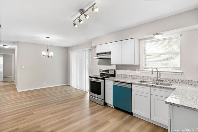 kitchen with sink, light hardwood / wood-style flooring, hanging light fixtures, stainless steel appliances, and white cabinets