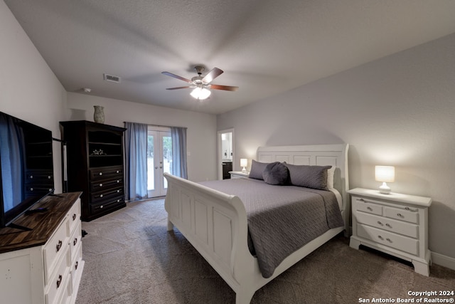 bedroom featuring access to exterior, french doors, ceiling fan, and carpet flooring