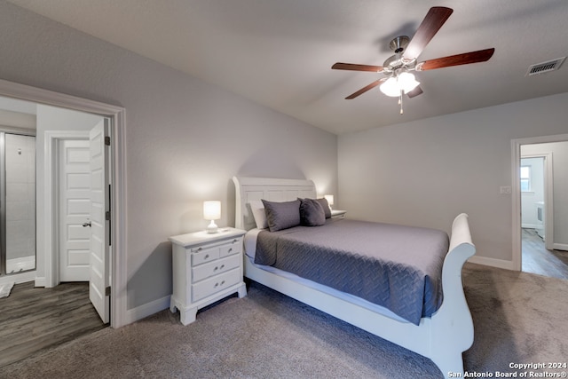 bedroom featuring ceiling fan and carpet flooring