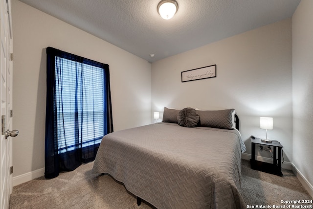 bedroom with carpet and a textured ceiling