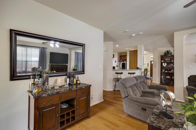 living room with ceiling fan and light hardwood / wood-style flooring