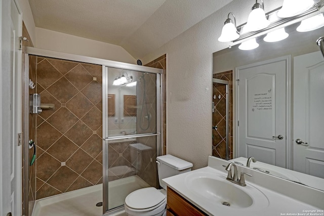 bathroom featuring a shower with shower door, lofted ceiling, vanity, toilet, and a textured ceiling