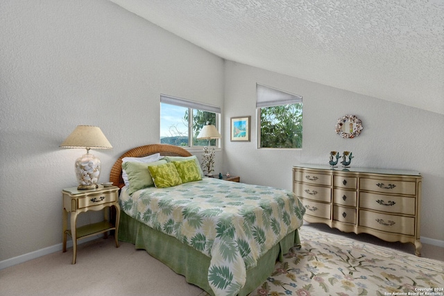 696 Faurie Rd, Lakehills, TX 78063 - bedroom with lofted ceiling, a textured ceiling, and carpet