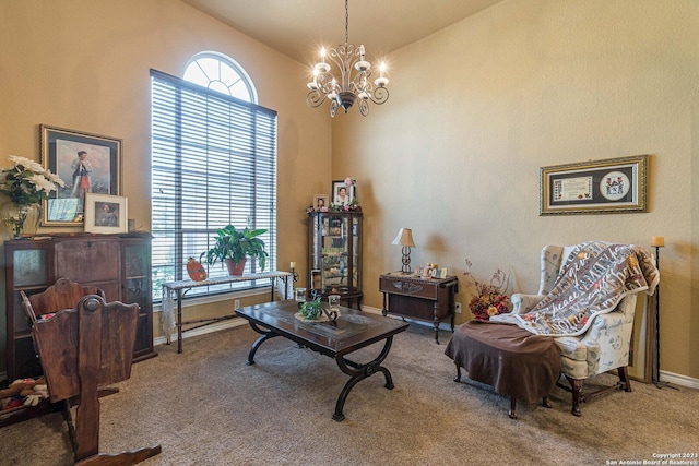 217 Meadowlark Ln, Mcqueeney, TX 78123 - living area featuring lofted ceiling, a wealth of natural light, carpet, and a chandelier