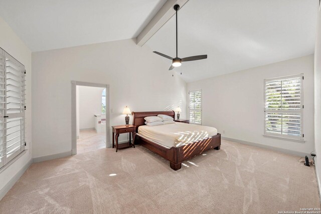 bedroom with light carpet, ceiling fan, and vaulted ceiling with beams