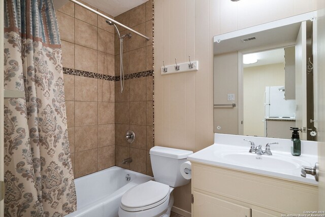 bathroom with toilet, shower / bathtub combination with curtain, vanity, and visible vents