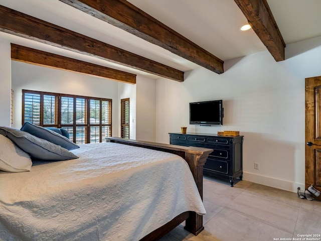 bedroom featuring recessed lighting, beam ceiling, and baseboards