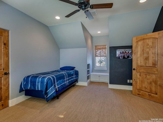 bedroom with light carpet, baseboards, vaulted ceiling, and recessed lighting