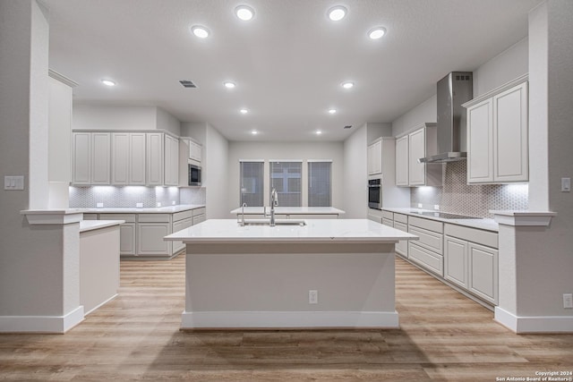 kitchen featuring wall chimney range hood, white cabinetry, stainless steel appliances, an island with sink, and decorative backsplash