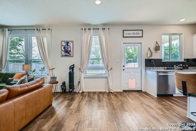 kitchen featuring hardwood / wood-style flooring, stainless steel dishwasher, light stone countertops, and tasteful backsplash