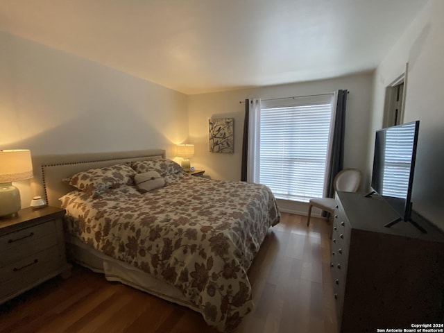 bedroom with dark hardwood / wood-style floors