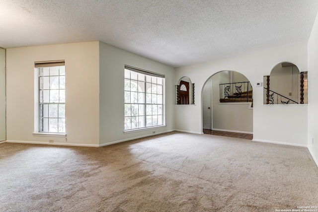 unfurnished living room with a textured ceiling, carpet flooring, and a wealth of natural light