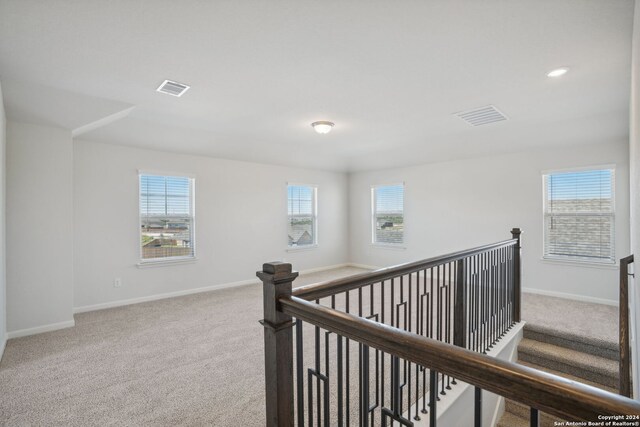 corridor featuring plenty of natural light and light carpet