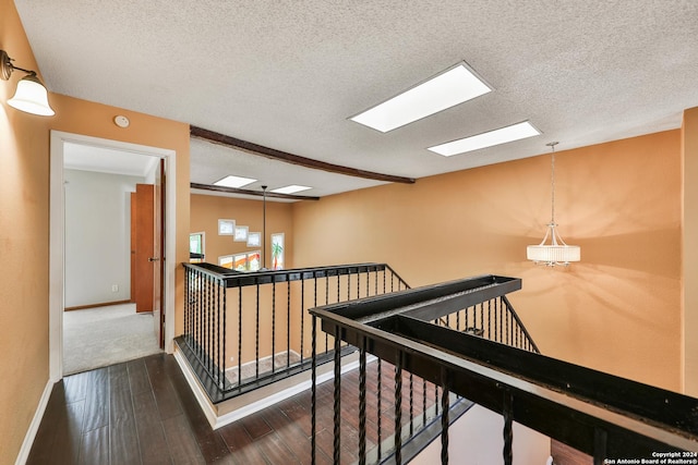 hallway with beam ceiling, a textured ceiling, dark hardwood / wood-style flooring, and a skylight