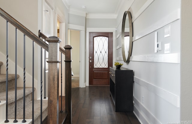 entryway featuring crown molding and dark wood-type flooring