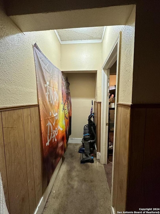 hall featuring a textured wall, wooden walls, and a wainscoted wall