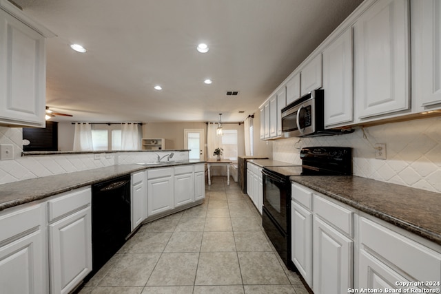 kitchen with light tile patterned flooring, white cabinetry, black appliances, tasteful backsplash, and ceiling fan